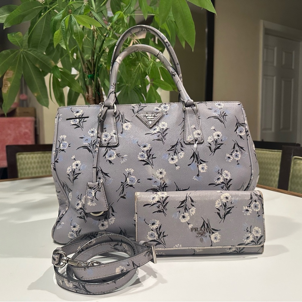 Authentic Prada Gray Floral and wallet Women's Bag Set